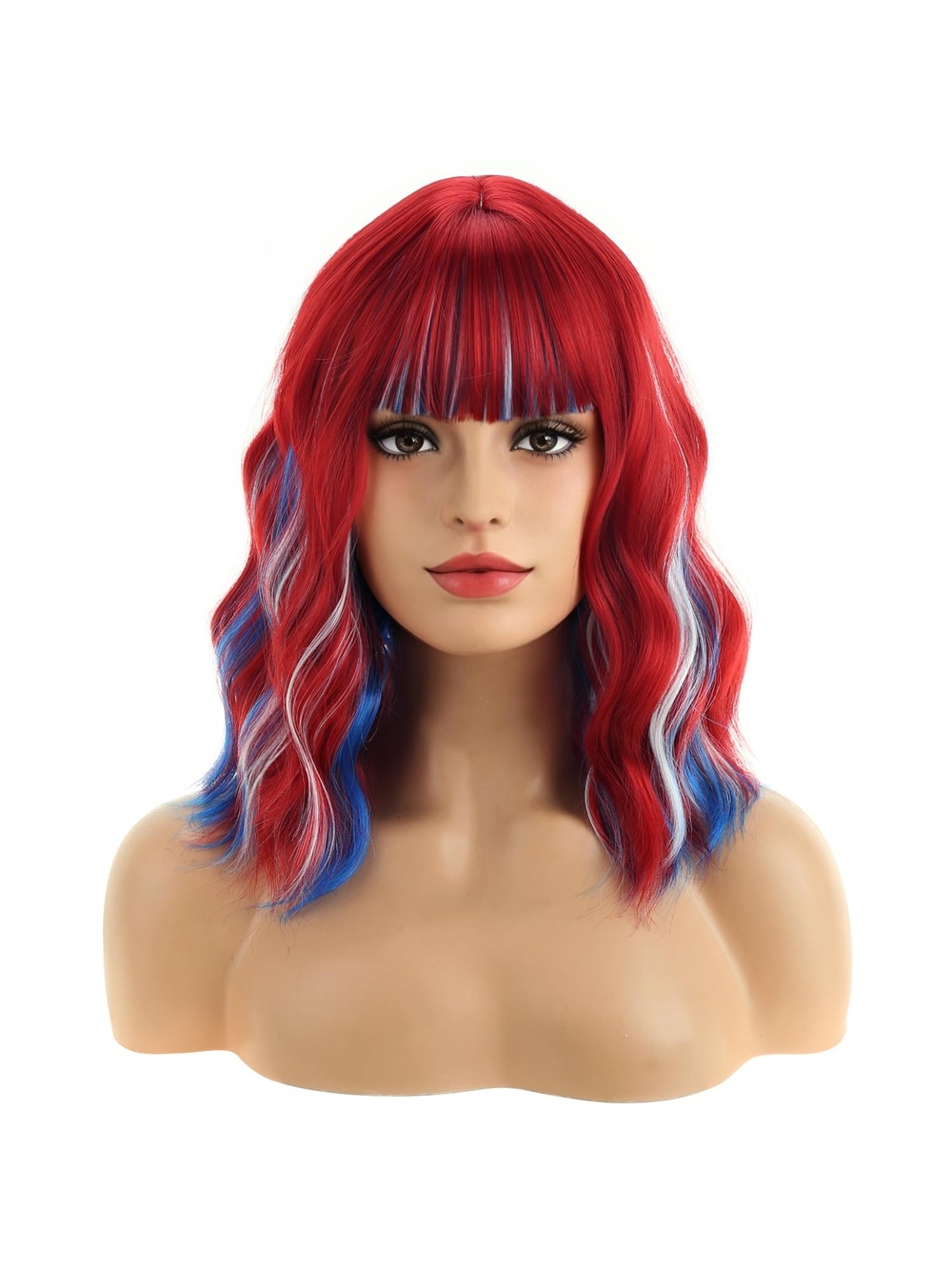 Women's White Red and Blue BERON 14 Inch Wig Short Wavy Party Hairnet Synthetic